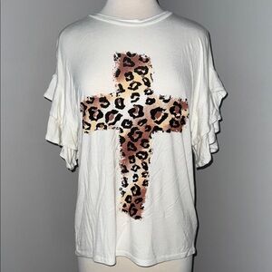 Vine & Love Leopard Cross Ruffle Sleeve Tee